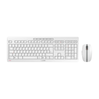 Frontalansicht des weißen Cherry STREAM Desktop-Sets bestehend aus einer kabelgebundenen Tastatur mit deutschem Tastaturlayout und einer Maus.