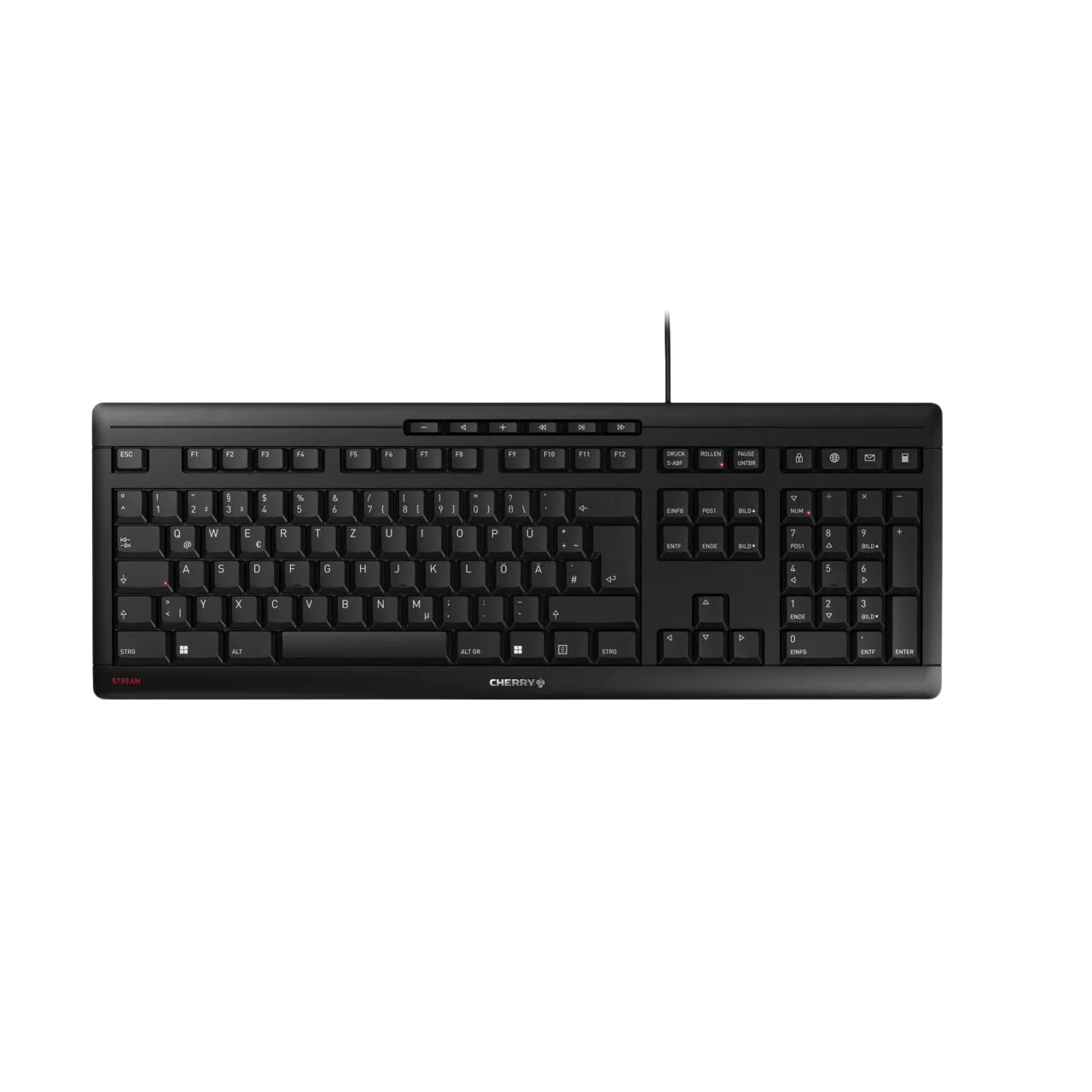 Schwarze Cherry Stream USB-Tastatur in voller Ansicht mit deutschem Layout und Ziffernblock