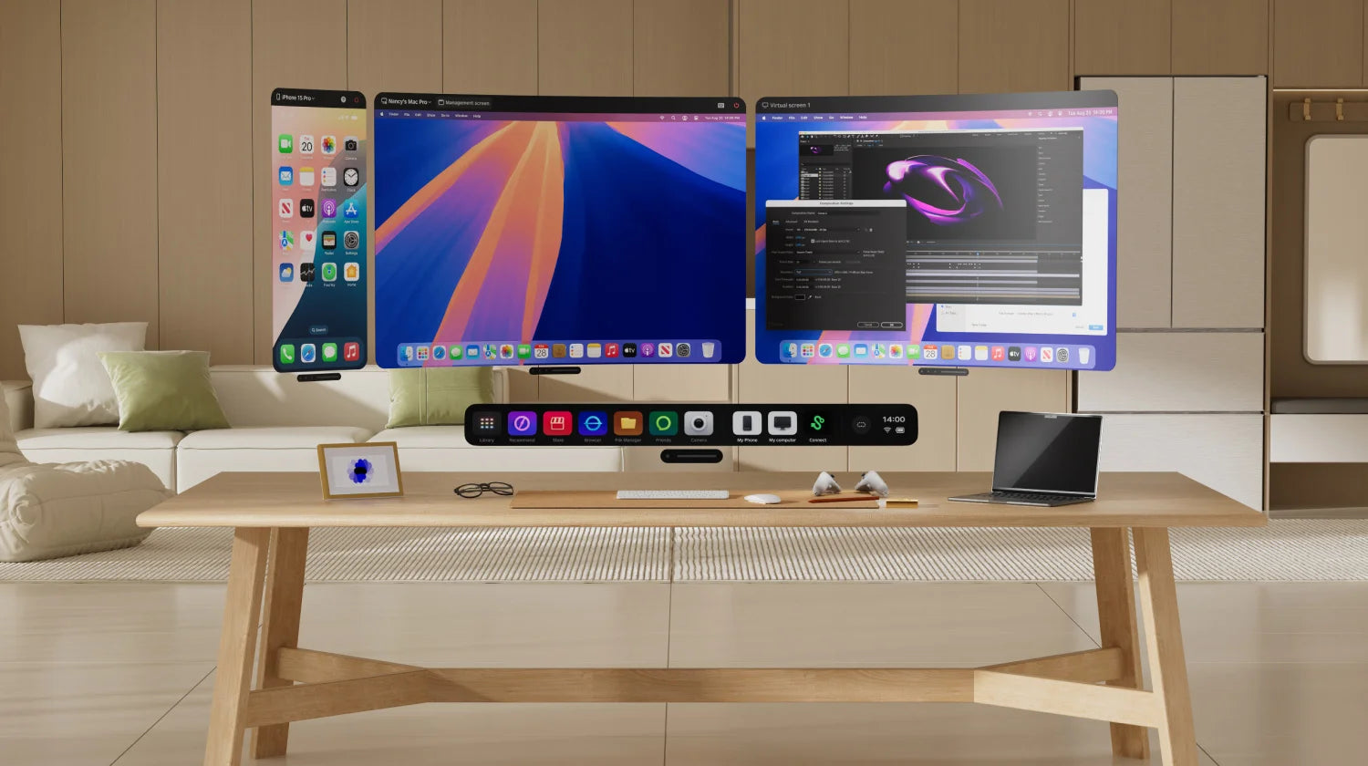 Mehrere virtuelle Bildschirme und ein Laptop auf einem modernen Schreibtisch in einem Wohnzimmer