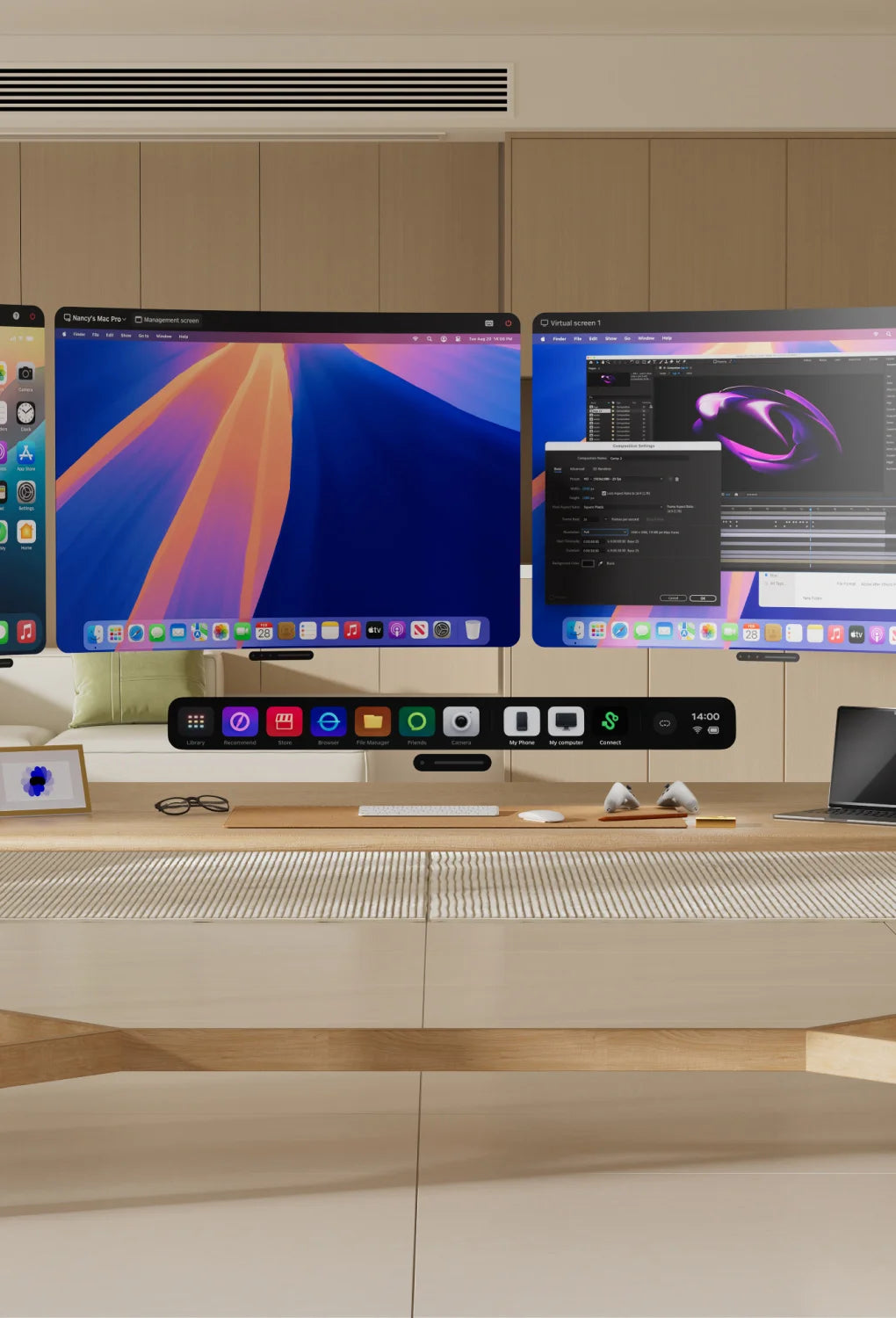 Virtuelle Monitore und Benutzeroberfläche in einer modernen Raumumgebung über einem Schreibtisch.