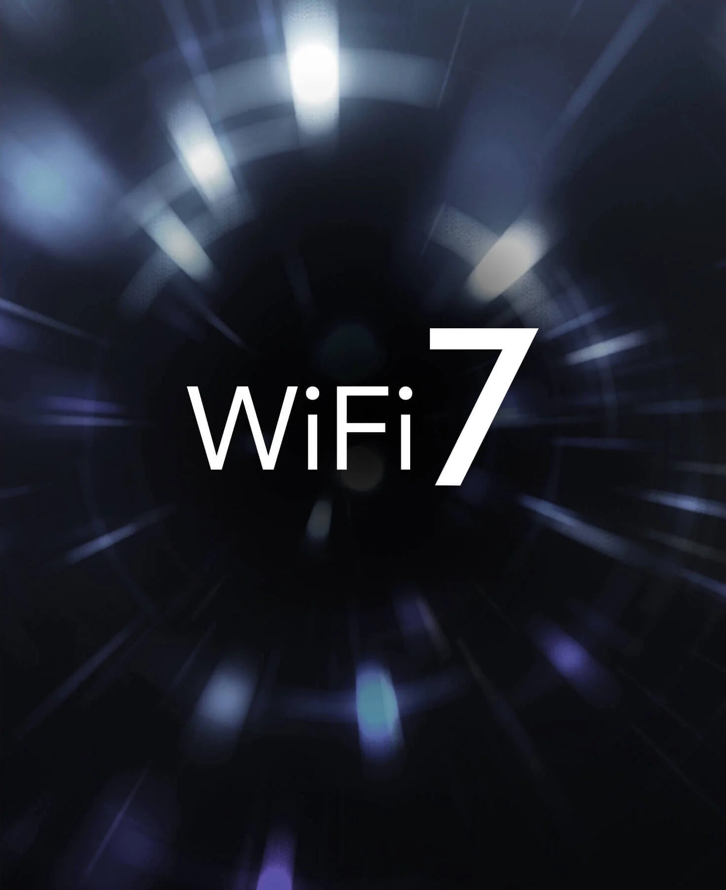 Schriftzug WiFi 7 vor einem dunklen, tunnelartigen Hintergrund mit radialen Lichteffekten