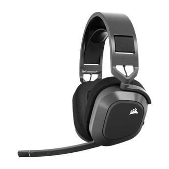 Schrägansicht des schwarzen Corsair HS80 MAX Wireless Headsets mit gepolstertem Bügel, anthrazitfarbenen Ohrmuscheln und ausklappbarem Mikrofonarm.