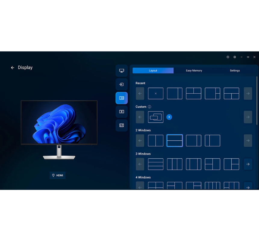 Screenshot der Monitor-Software mit Benutzeroberfläche zur Display-Konfiguration und Layout-Auswahl.