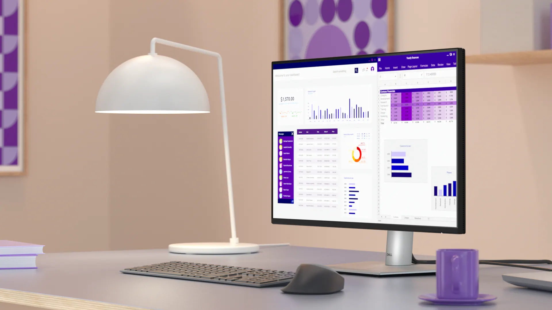 Moderner Dell Monitor mit Finanz-Dashboard, Tastatur, Maus und Tischlampe auf hellem Schreibtisch.