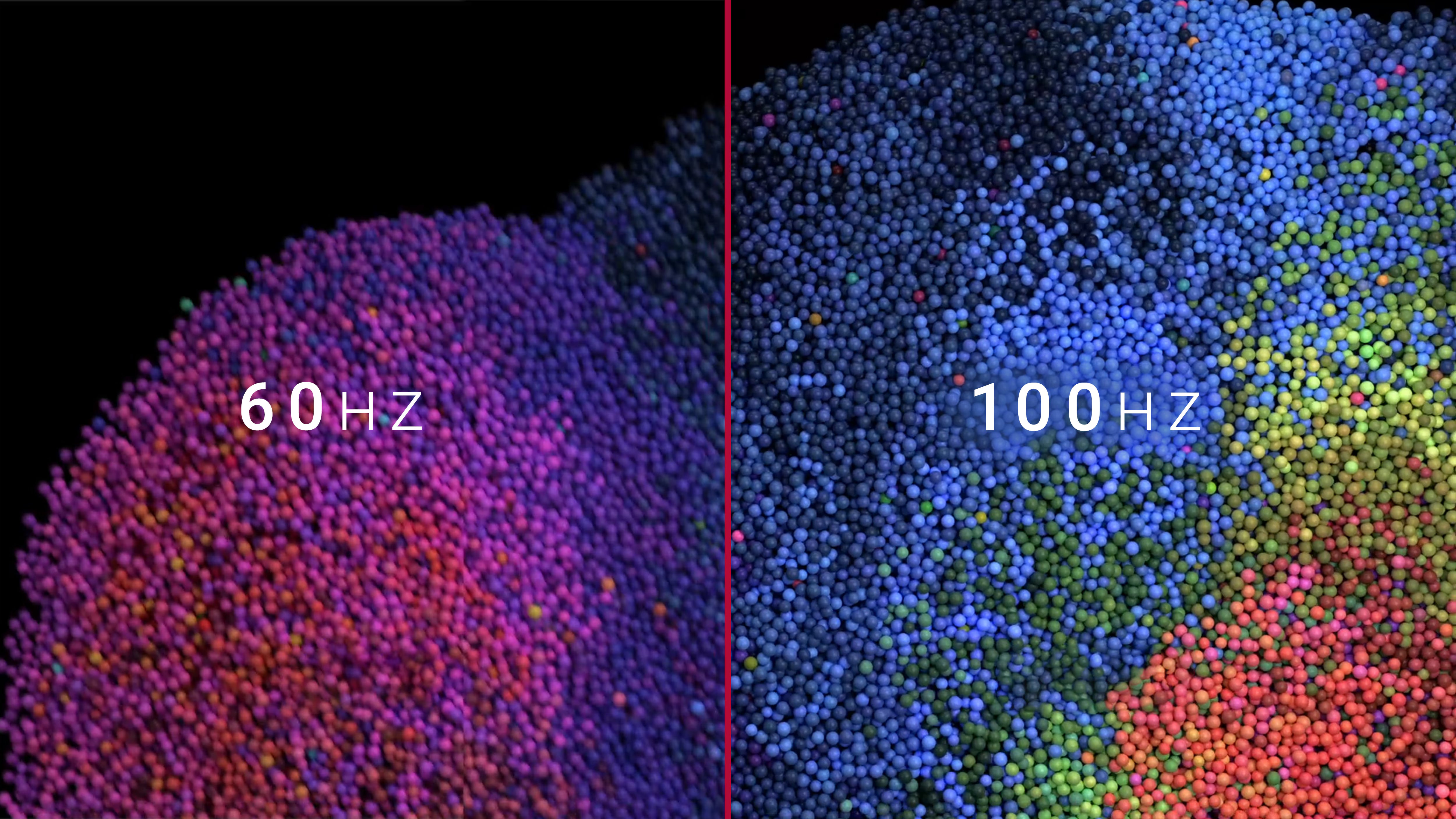 Vergleichsgrafik von bunten Kugeln zur Demonstration des Unterschieds zwischen 60Hz und 100Hz Bildwiederholrate.