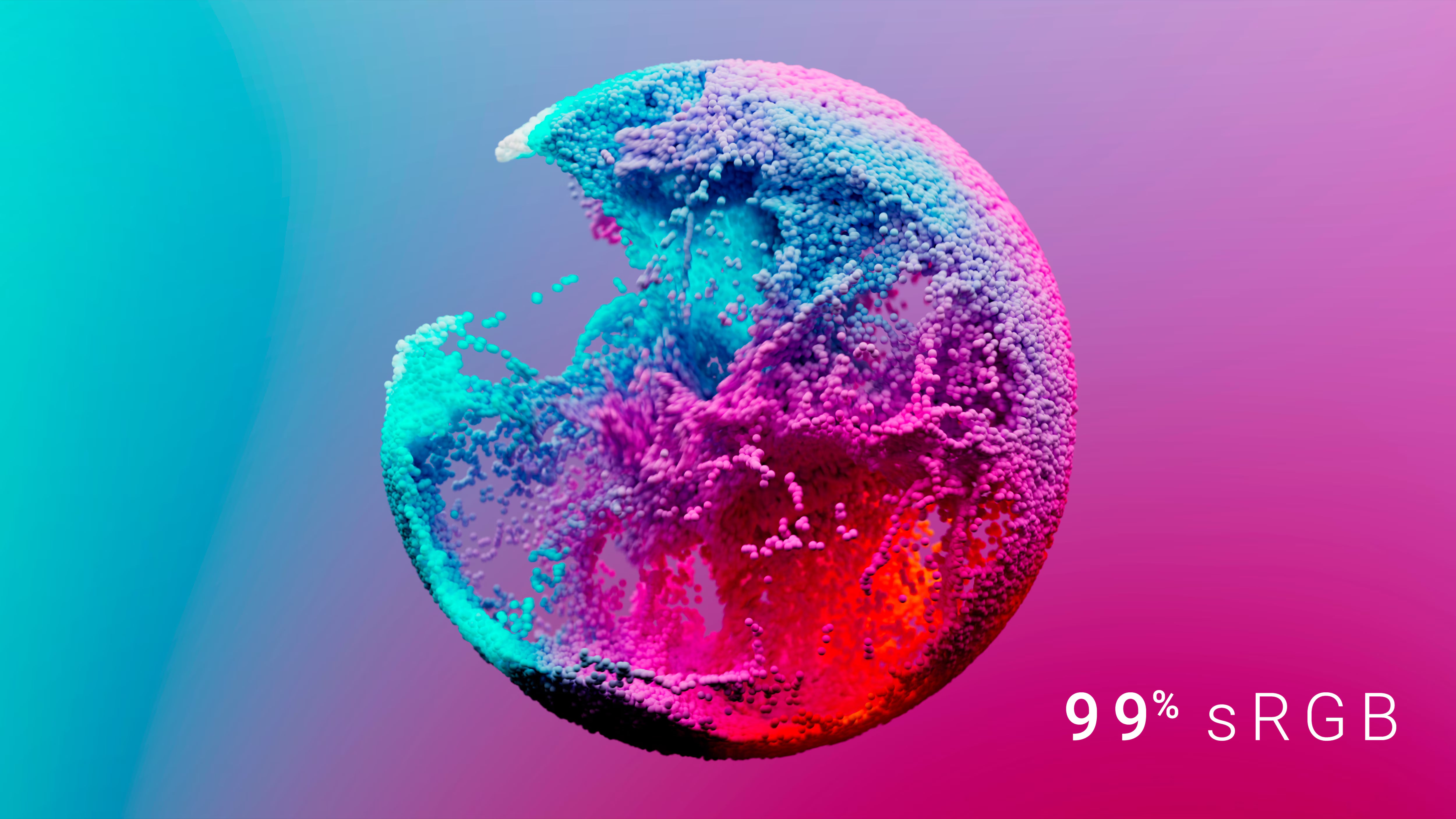 Abstrakte 3D-Partikelkugel in bunten Farben mit 99% sRGB Farbraum-Farbverlauf auf blau-pinkem Hintergrund.