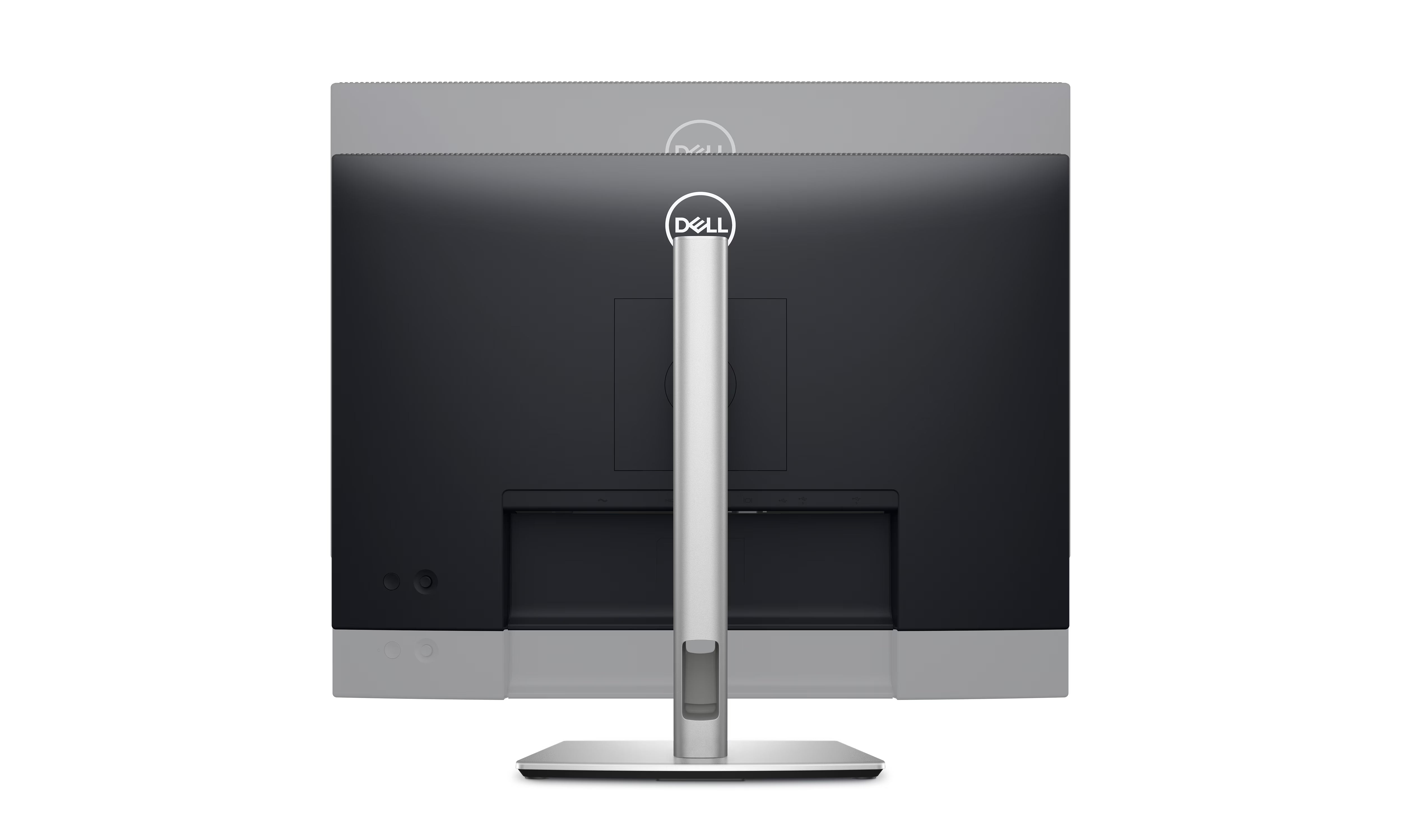 Rückansicht eines Dell Monitors mit silbernem Standfuß und integriertem Logo auf schwarzem Gehäuse