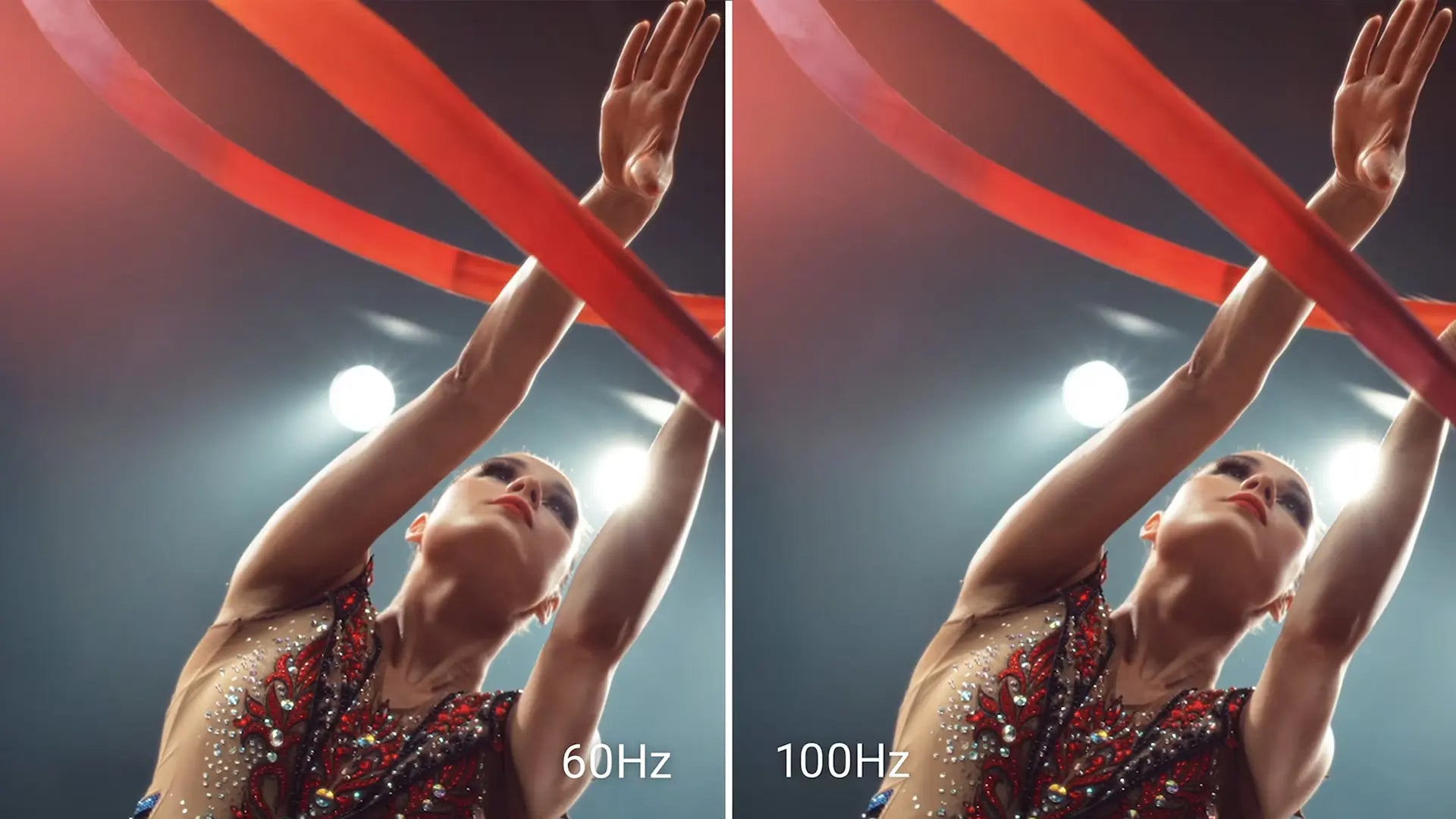 Bildschirmvergleich von 60Hz und 100Hz Bildwiederholrate anhand einer tanzenden Turnerin mit rotem Band