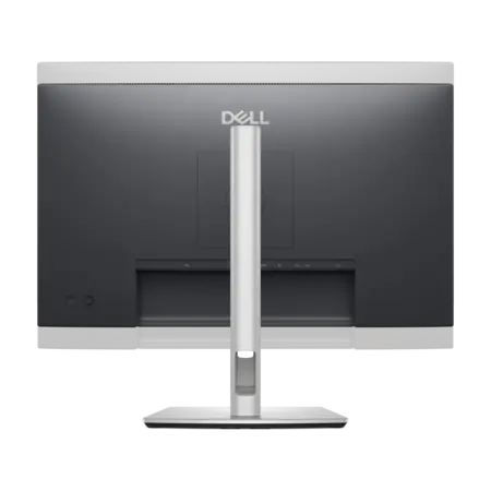Rückansicht des modernen Dell Monitors mit silbernem Standfuß und integriertem Kabelmanagement auf hellem Hintergrund