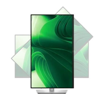 Schwenkbarer High-End Monitor im Hochformat mit grünem Wallpaper und angedeuteten Rotationswinkeln im Hintergrund