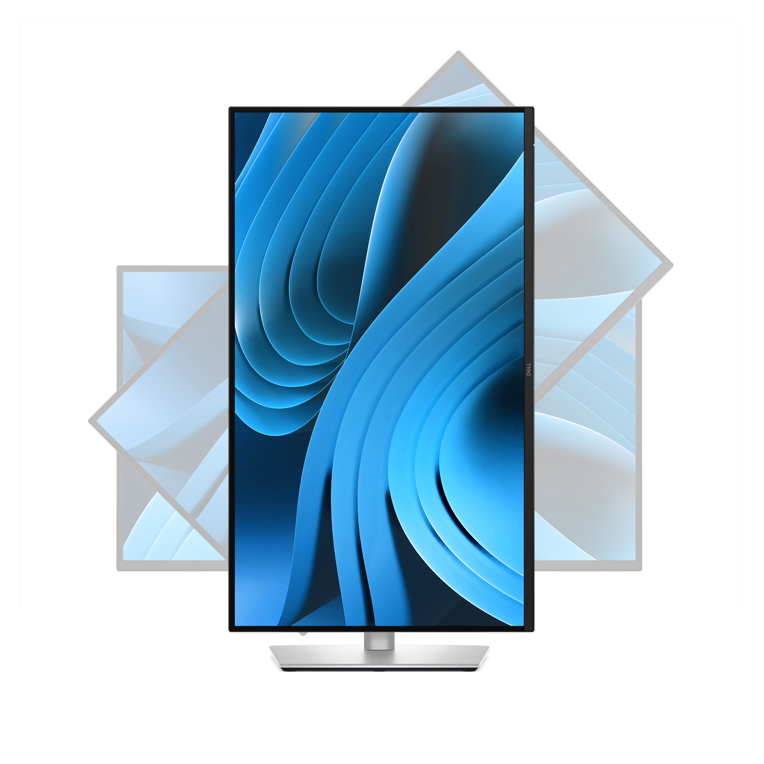 Dell UltraSharp Monitor im Hochformat mit blauem Wellen-Hintergrund und mehrfacher Drehanimation im Hintergrund.