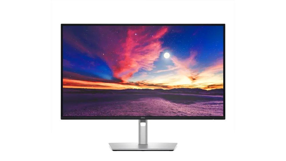 Vorderansicht eines modernen Dell Monitors mit farbenfrohem Wallpaper vor weißem Hintergrund