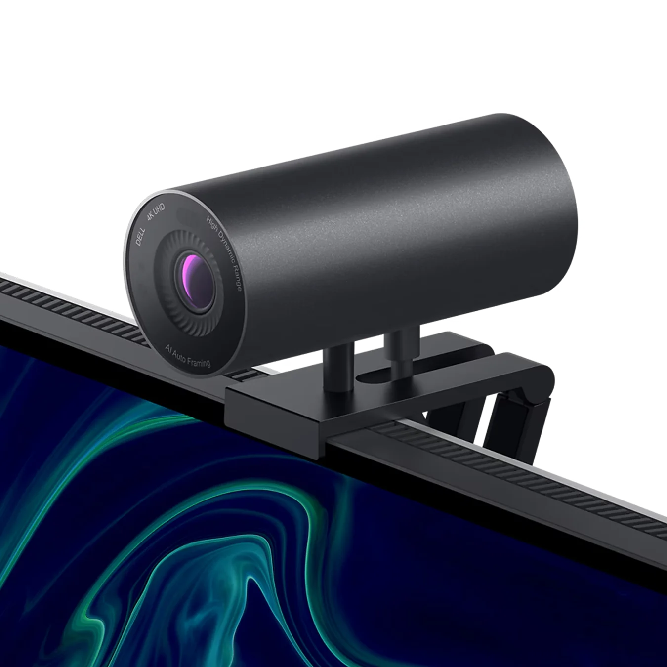 Schwarze Dell 4K UHD Webcam montiert auf einem Monitor mit farbigem Display.