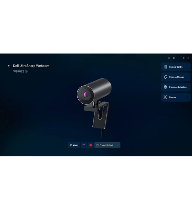 Dell UltraSharp Webcam WB7022 in der Software-Ansicht mit Einstellungsmenü