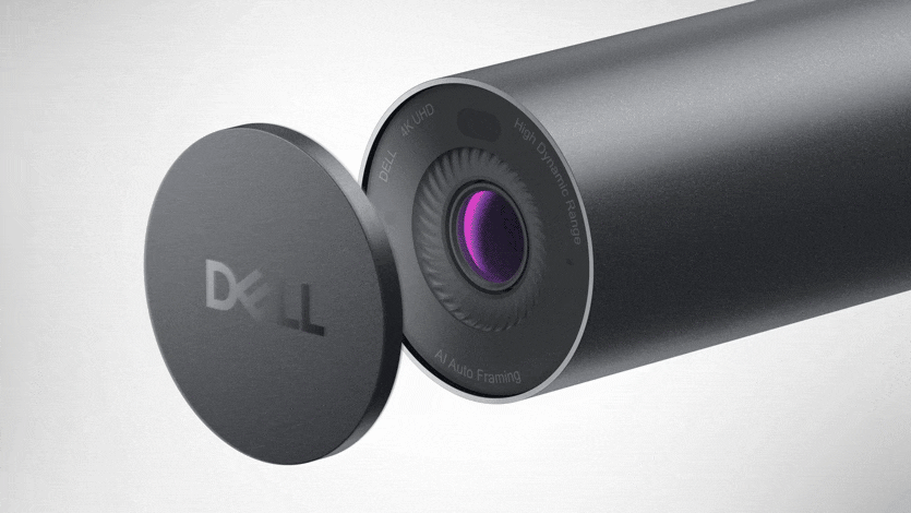 Dell 4K Webcam in zylindrischem Design mit abgenommener magnetischer Linsenabdeckung.