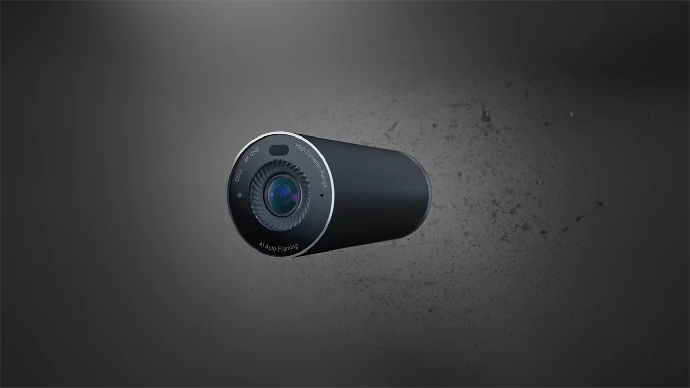 Schwarze Dell 4K UHD Webcam mit zylindrischem Design und AI Auto Framing vor grauem Hintergrund
