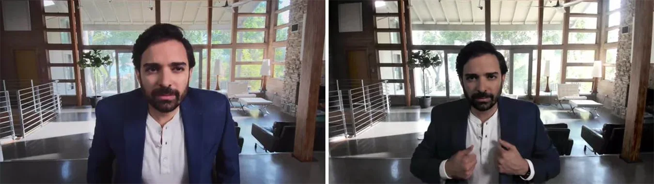 Mann im blauen Sakko vor hellem Loft-Hintergrund in Videokonferenz