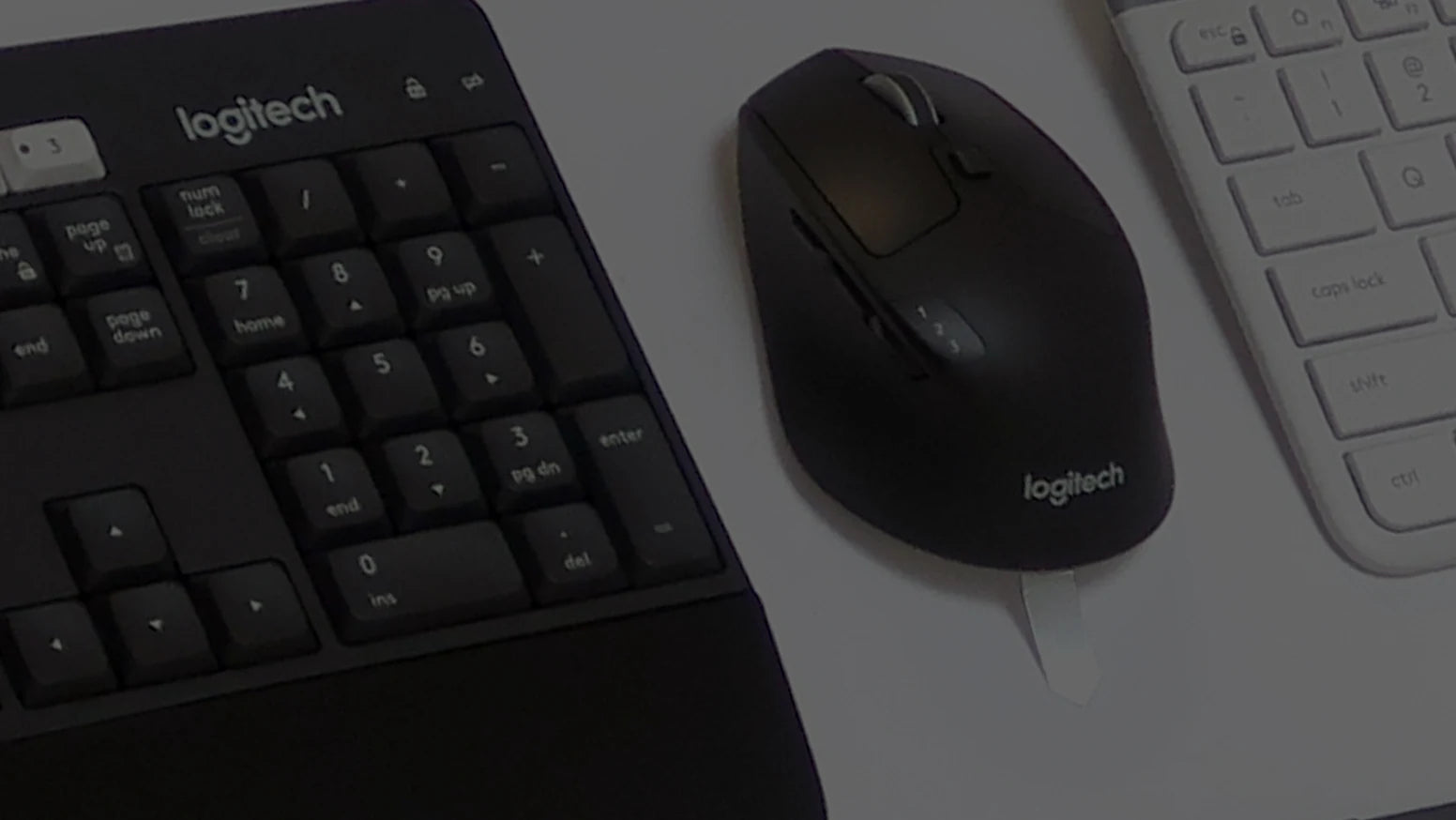 Schwarze Logitech Computermaus zwischen einer schwarzen und einer weißen Logitech Tastatur auf einem Schreibtisch