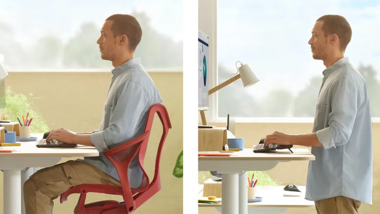Ergonomischer Arbeitsplatz mit höhenverstellbarem Schreibtisch für sitzendes und stehendes Arbeiten im Homeoffice.