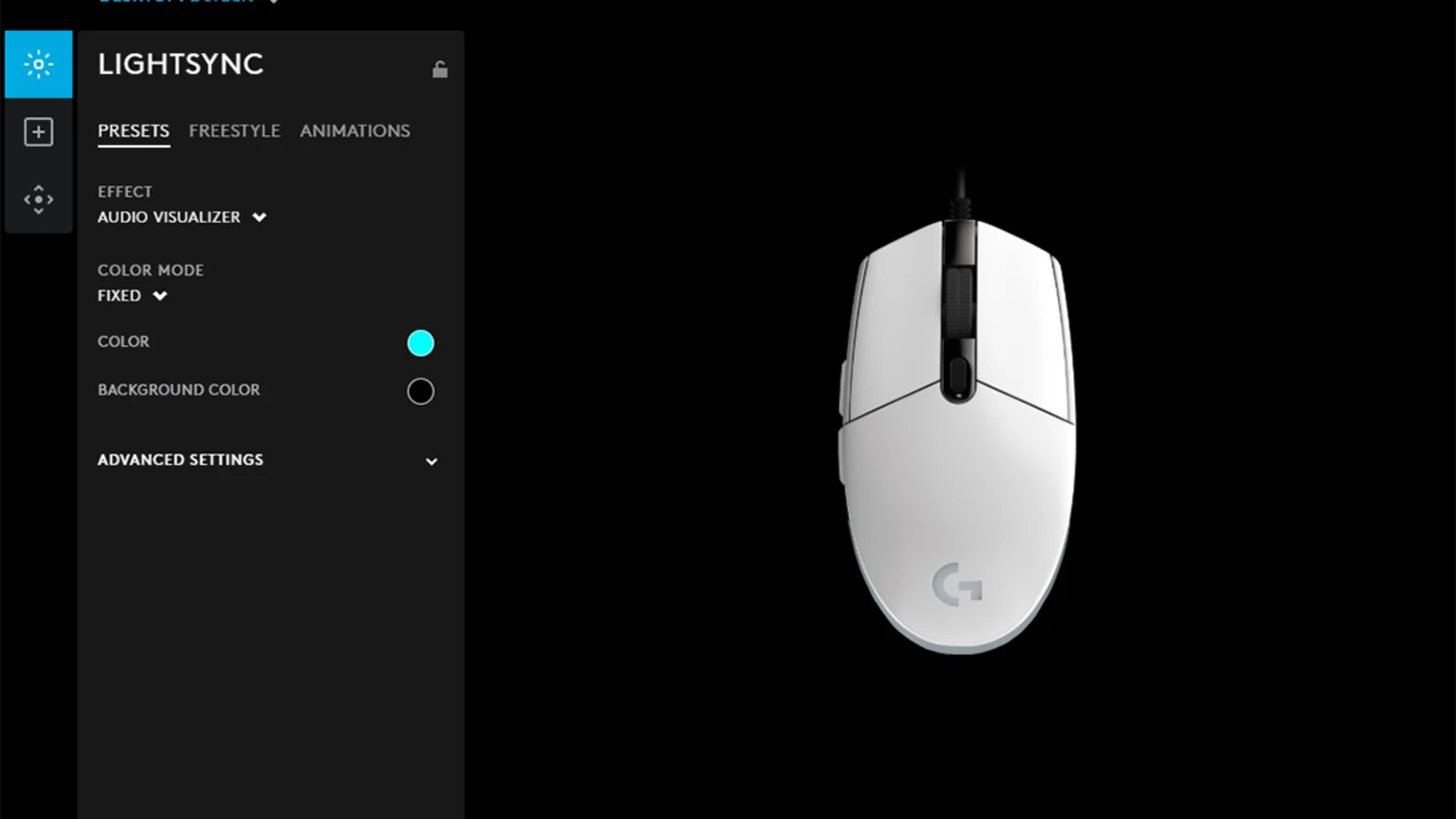 Weißer Logitech Gaming-Maus mit Lightsync RGB-Softwareeinstellungen im dunklen Interface.
