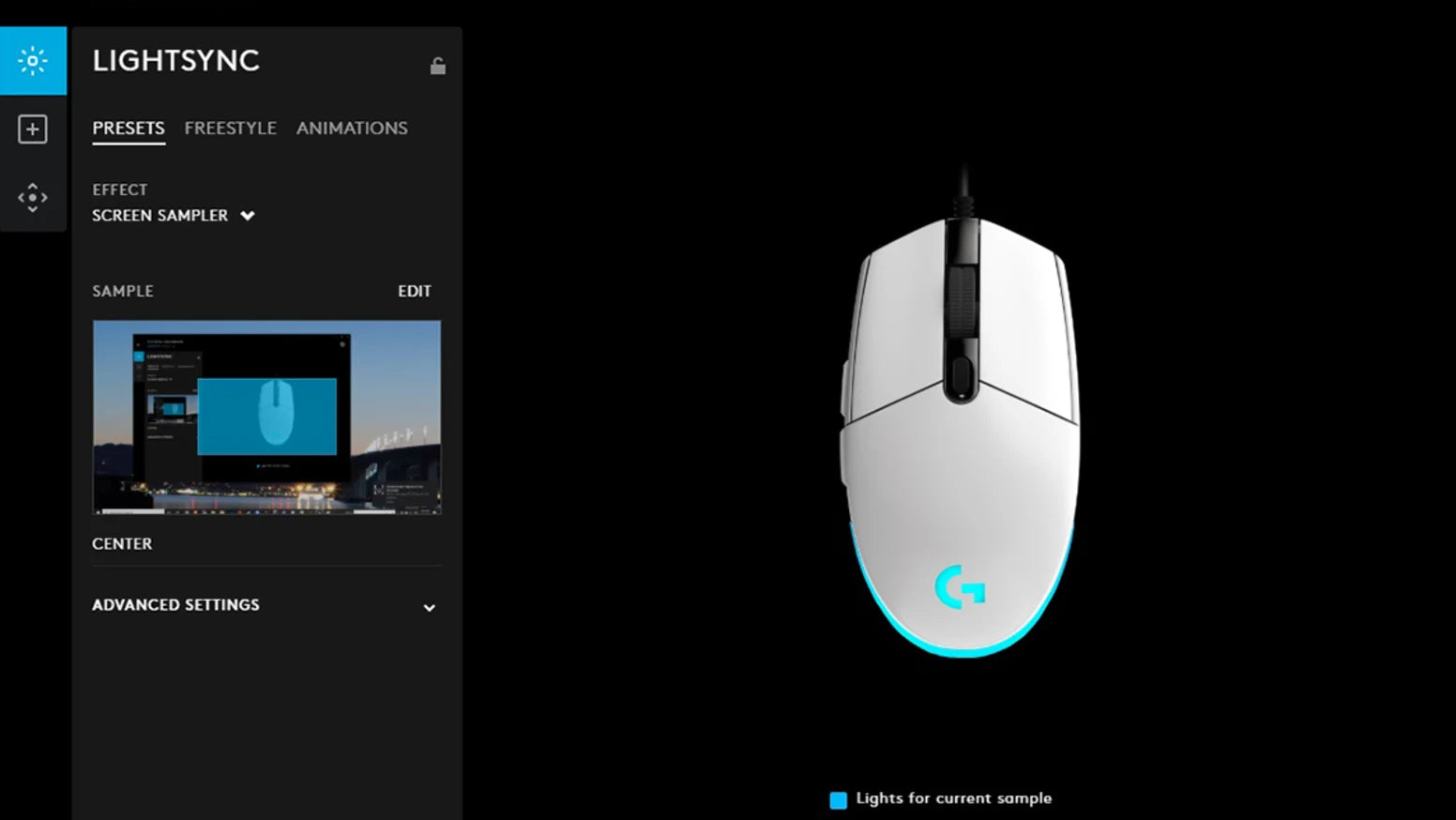 Logitech G Hub Software zeigt Lightsync RGB-Einstellungen für eine weiße Gaming-Maus