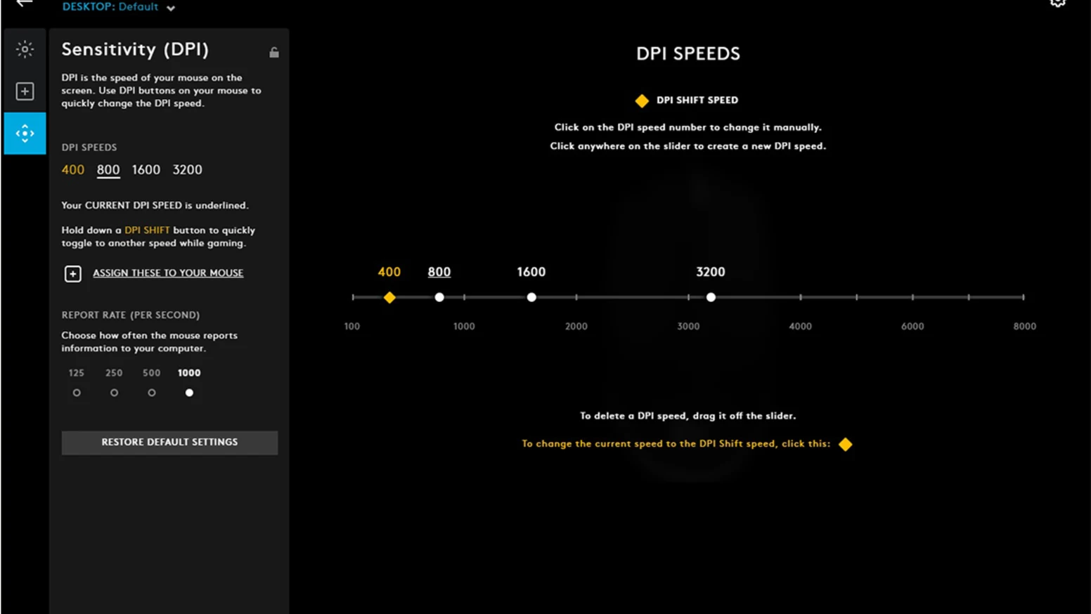 Software-Oberfläche zur DPI-Einstellung und Report Rate einer Gaming-Maus mit Regler für DPI-Speeds.
