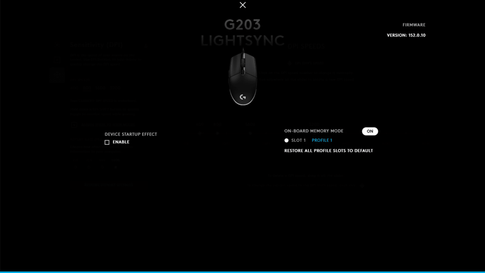 Logitech G203 Lightsync Gaming-Maus in der Software-Oberfläche zur DPI- und Profil-Einstellung.