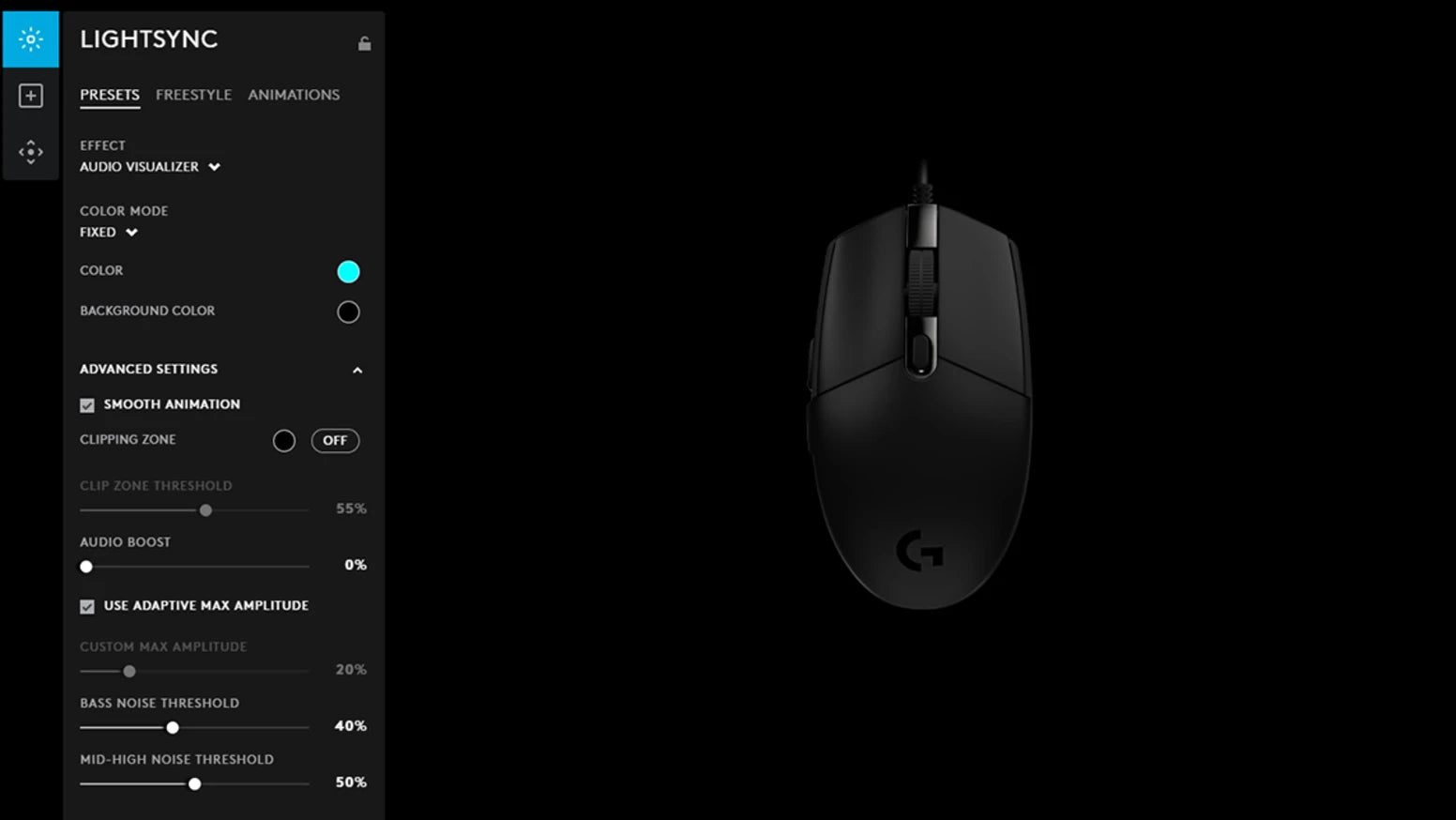 Logitech Gaming-Maus neben dem Lightsync Software-Menü zur RGB-Beleuchtungssteuerung