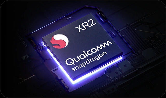 Nahaufnahme des Qualcomm Snapdragon XR2 Prozessors auf einem beleuchteten Mainboard für VR-Hardware