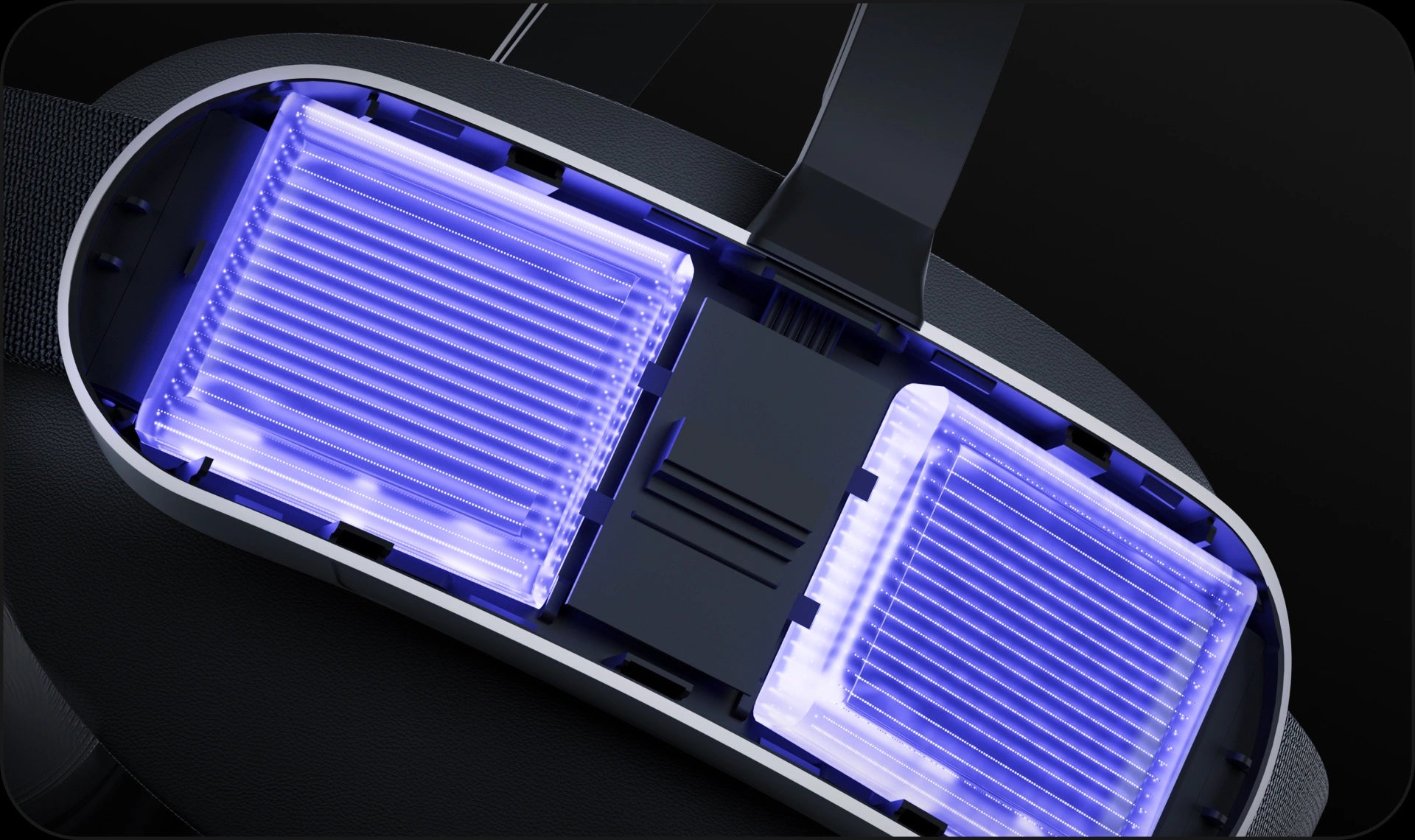 Nahaufnahme der blauen LED-Beleuchtung im Inneren einer VR-Headset-Halterung