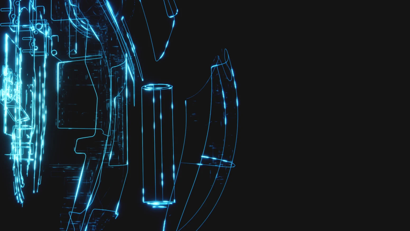Abstrakte blaue Leuchtlinien und Schaltkreise in CAD-Wireframe-Optik auf schwarzem Hintergrund