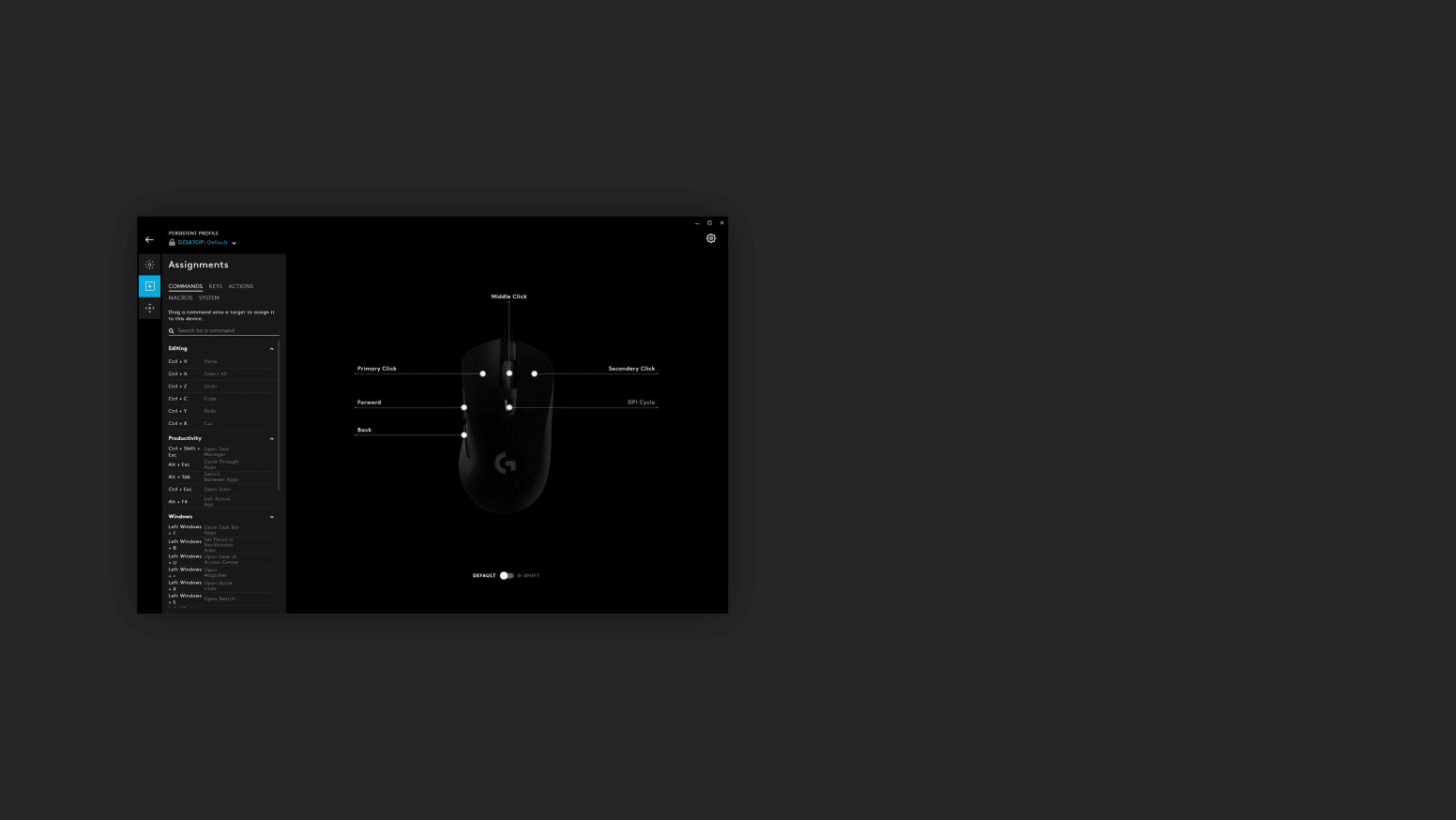 Logitech Gaming-Software Benutzeroberfläche zur Tastenbelegung einer Gaming-Maus