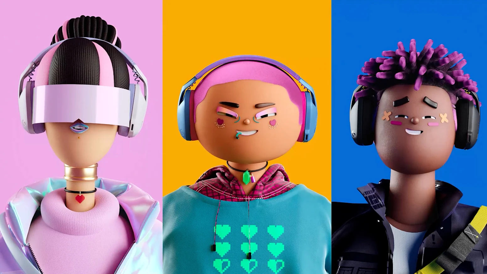 Drei 3D-Avatare mit Gaming-Headsets vor farbigem Hintergrund