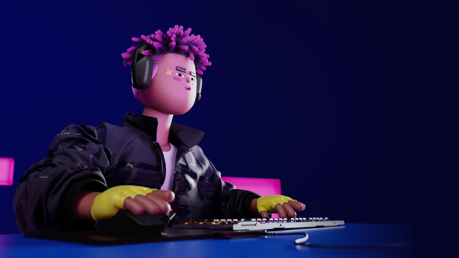 3D-Avatar mit violetten Haaren und Headset spielt an einer Gaming-Tastatur in einem blauen Setup.