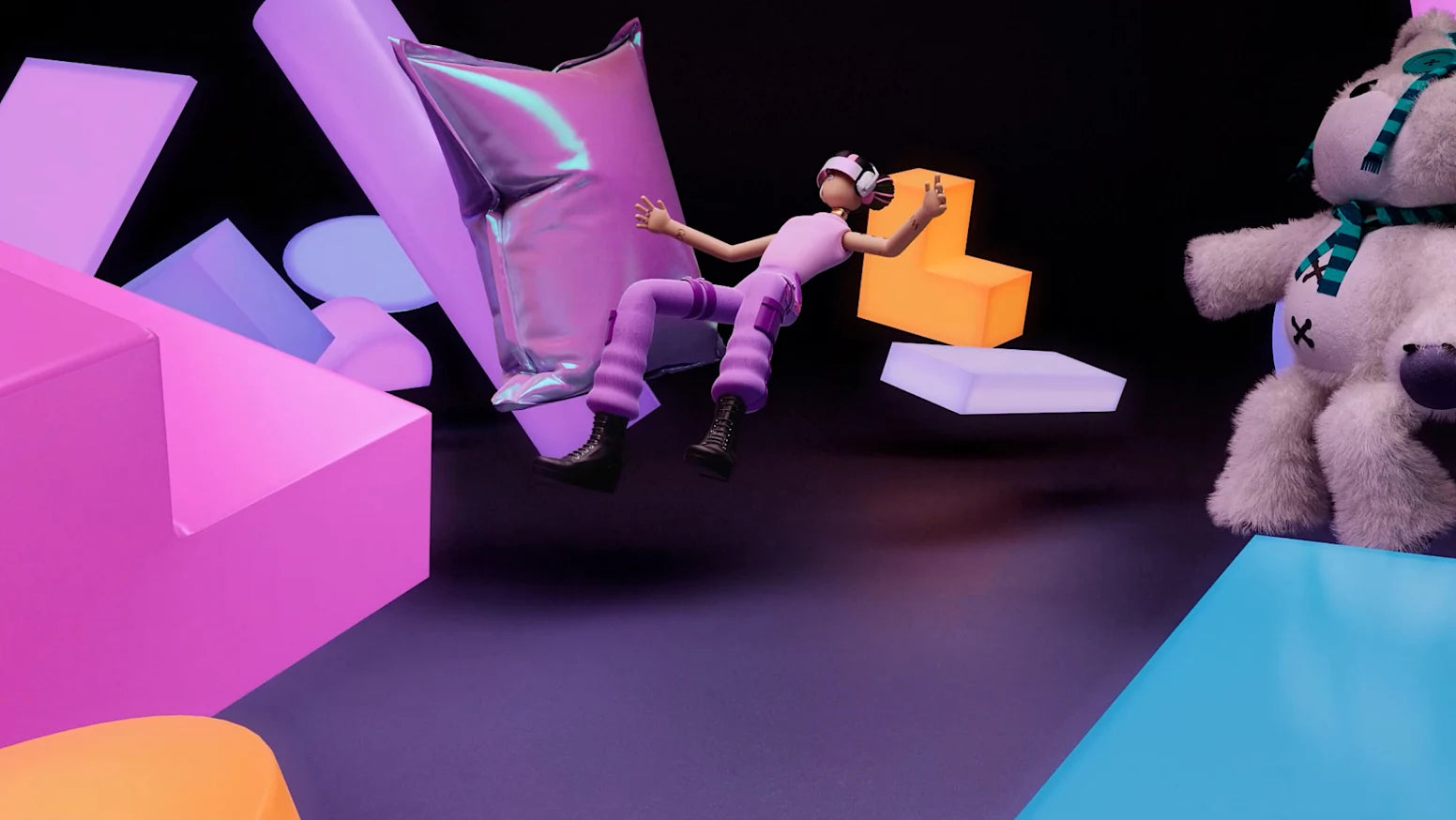 3D-Avantar schwebt mit VR-Headset zwischen bunten geometrischen Formen und einem Plüschtier in dunkler Gaming-Umgebung.