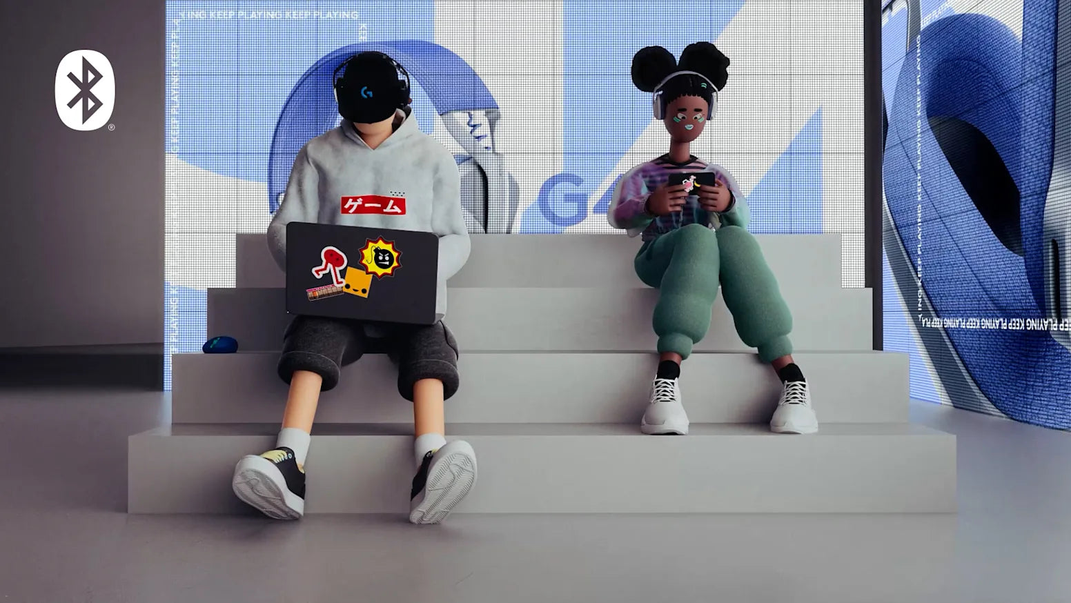 Zwei 3D-Avatare mit Gaming-Peripherie sitzen auf Treppen vor einer blauen LED-Wand.