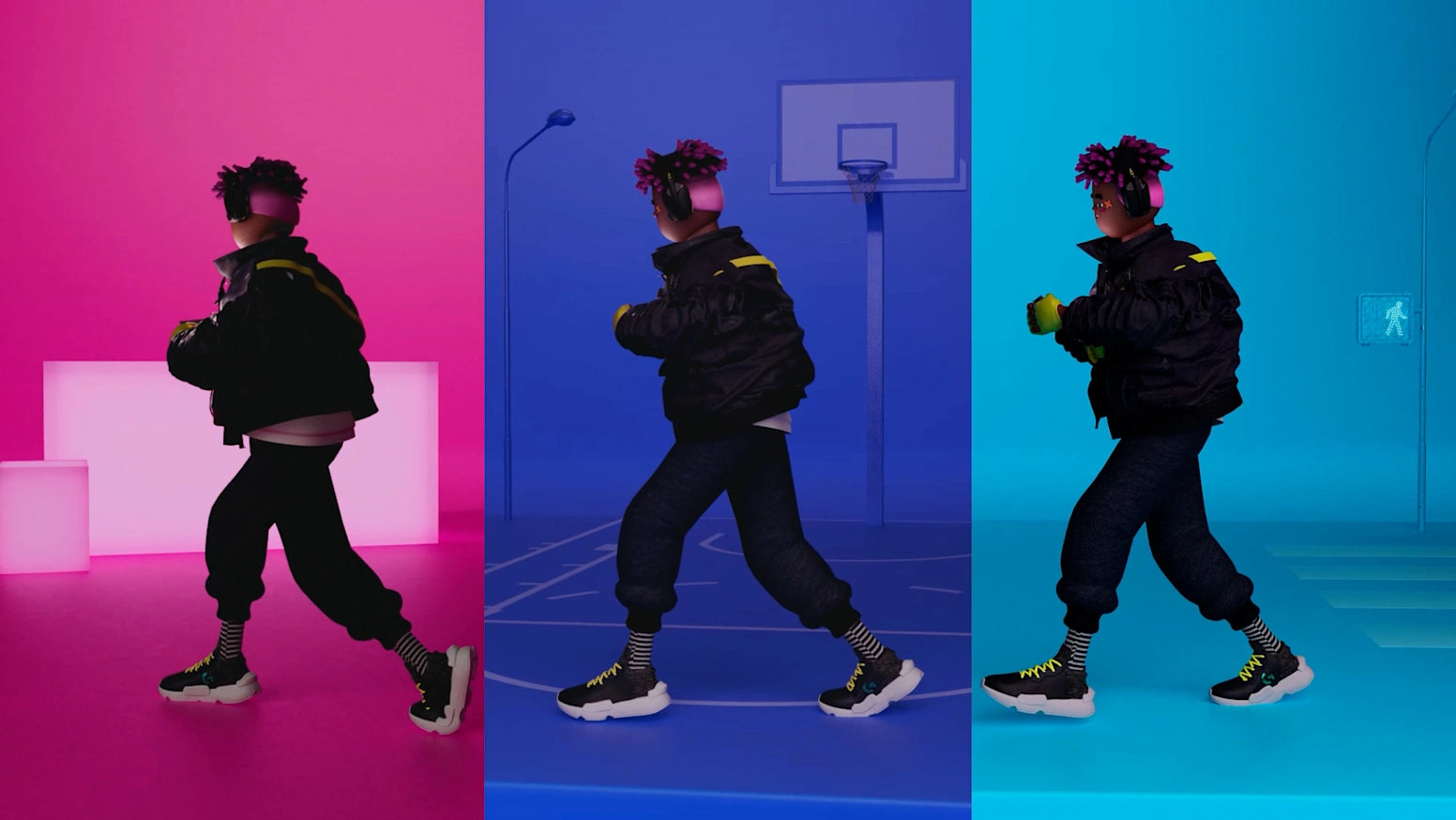Stylischer 3D-Avatar mit pinken Haaren und Gaming-Headset vor farbwechselndem Hintergrund.