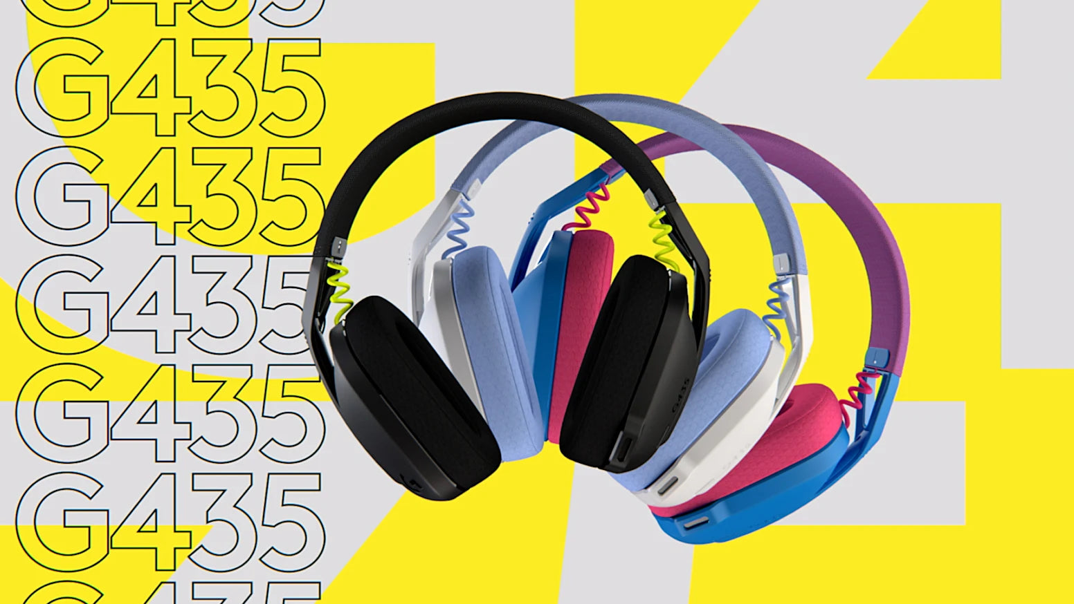Logitech G435 Gaming-Headsets in verschiedenen Farbvarianten vor gelb-weißem Hintergrund
