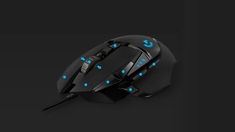 Schwarze Logitech Gaming-Maus mit blauen Markierungspunkten zur Verdeutlichung der programmierbaren Tasten.