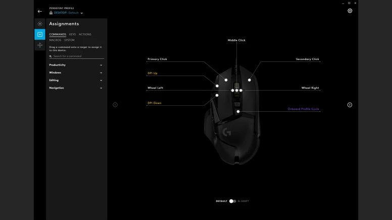 Software-Benutzeroberfläche zur Tastenbelegung einer Gaming-Maus mit detaillierten Beschriftungen.