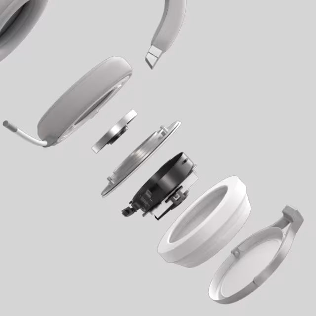 Explosionszeichnung der technischen Komponenten und des Treibers eines High-End VR-Headsets