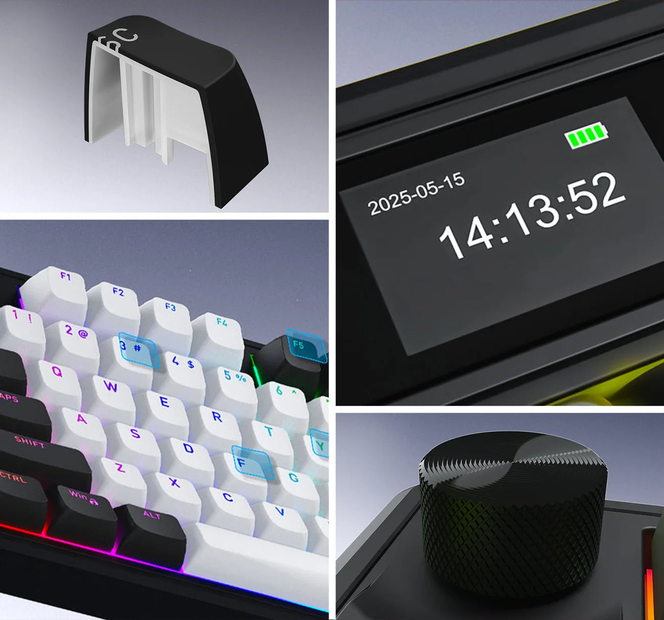 Detailansichten von mechanischer Gaming-Tastatur, RGB-Keycaps, OLED-Display und Drehregler