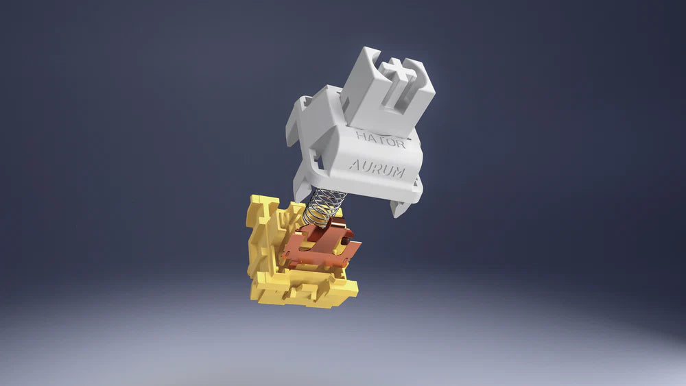 Explosionszeichnung eines Hator Aurum mechanischen Tastatur-Switches mit sichtbarer Feder und Kontakten.