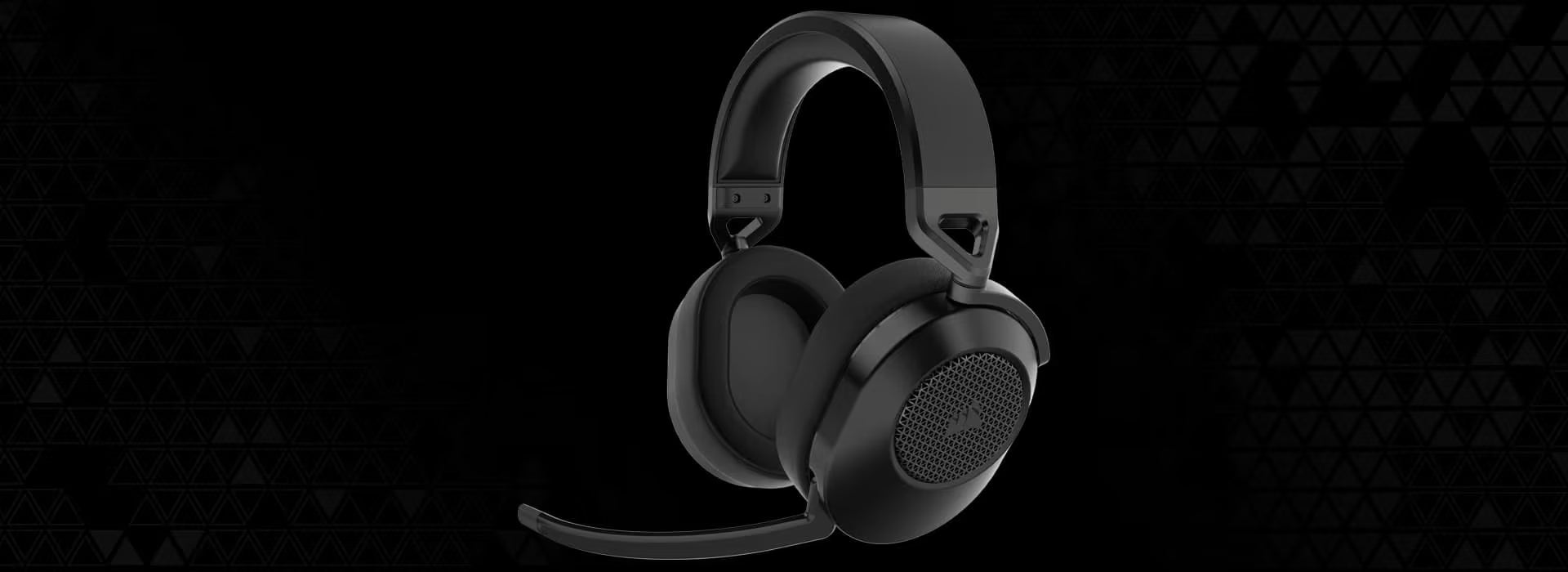 Schwarzes High-End Gaming-Headset mit Mikrofon vor dunklem Hintergrund mit Mustern.