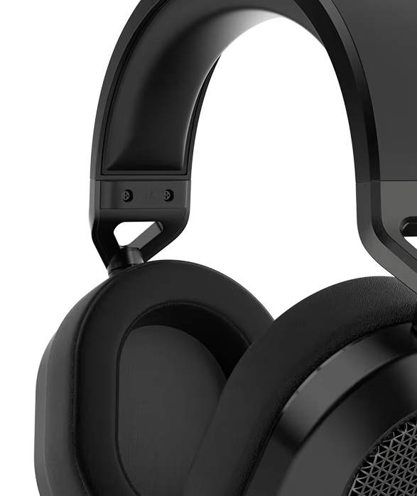 Nahaufnahme des gepolzten Kopfbügels und der Ohrpolster eines schwarzen High-End Gaming-Headsets