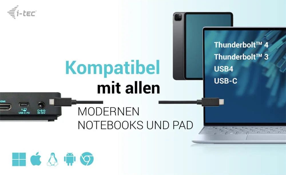 i-tec Dockingstation kompatibel mit Thunderbolt, USB4 und USB-C Notebooks und Tablets für alle Betriebssysteme.