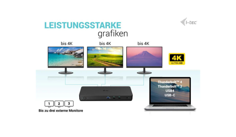 i-tec Dockingstation angeschlossen an Laptop und drei 4K-Monitore für bis zu drei Displays.