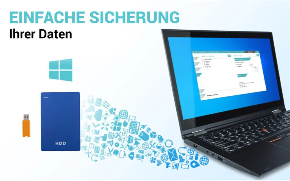 Laptop und blaue externe HDD mit Icons und dem Text Einfache Sicherung Ihrer Daten