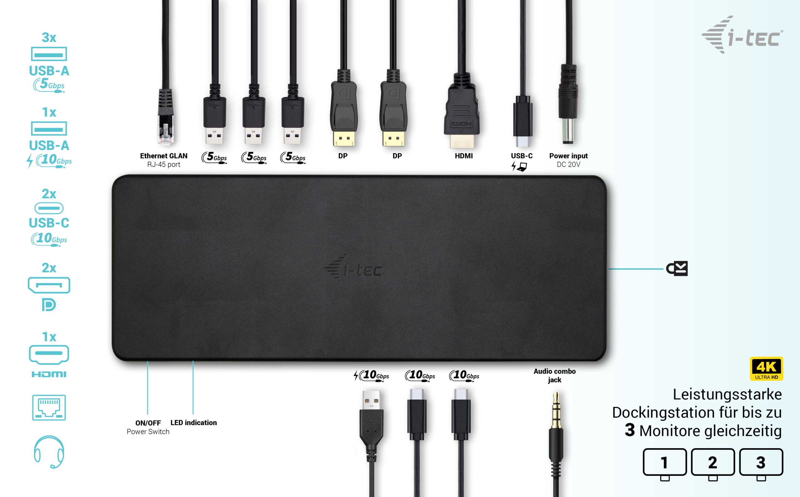 i-tec USB-C Dockingstation mit zahlreichen Anschlüssen für LAN, USB, DisplayPort, HDMI und Audio.