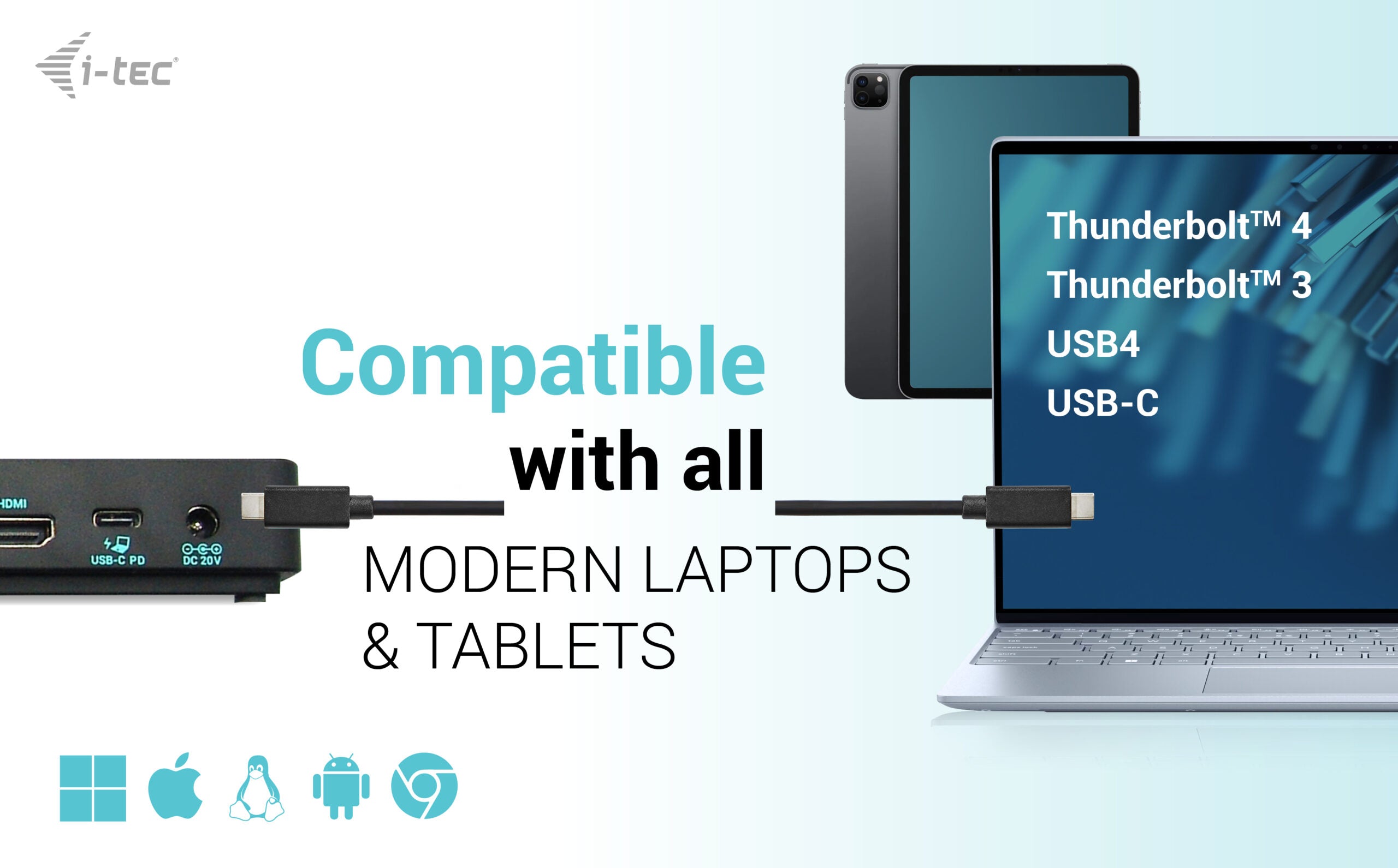 i-tec USB-C Dockingstation verbunden mit Laptop und Tablet, kompatibel mit Thunderbolt 4, 3, USB4 und USB-C